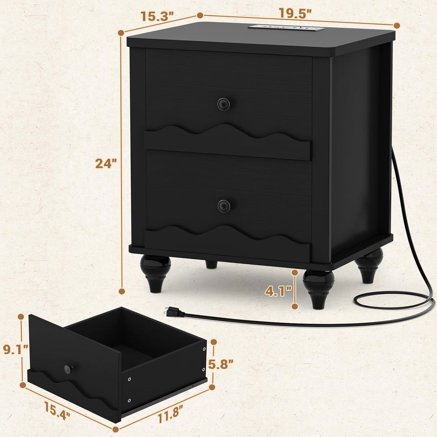 Cyclysio Nightstand with Charging Station, Side End Table with 2 Drawers, Modern Wood Night Stand with Scalloped Pattern for Bedroom, Bedside Night Tables with Solid Wood Gourd Legs