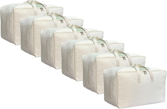 Soft Large Canvas Comforter Storage Bags with Four Carrying Handles and Clear Window, Closet Organizer for Clothing, Blankets Sheets Pillows and Bedding, 80L, 6 Pack, Beige