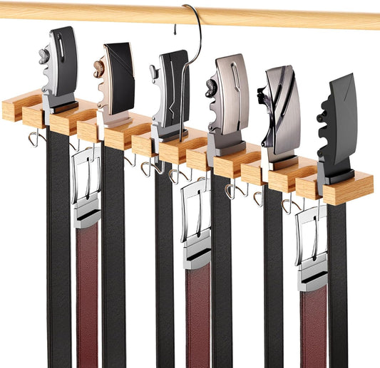 Belt Hanger for Closet Max 42 Belts, 2-in-1 Wall Mount Belt Organizer with 360° Rotating Hooks, Wooden Tie and Belt Rack for Closet Accessories Organizers and Storage, 12+11 Storage