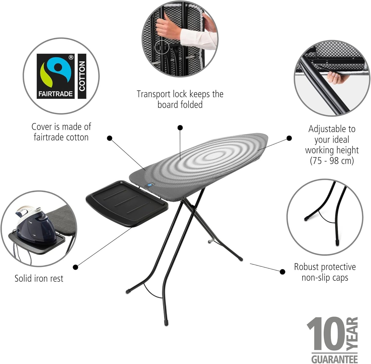 Brabantia - Ironing Board C - Extra Large Steam Unit Holder - Adjustable in Height - Non-Slip Rubber Feet - Cotton Cover with Foam Layer - Foldable XL Unit - Titan Oval - 49 x 18 inches