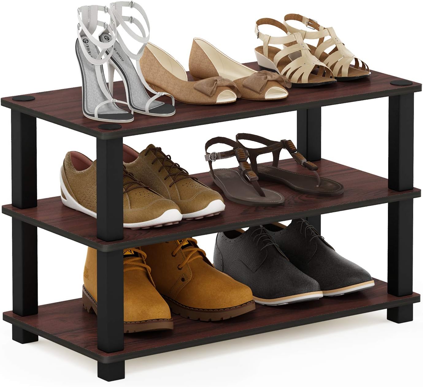 Furinno Turn-S-Tube Shoe Rack, 3-Tier Toolless Shoe Organizer, Shoe Storage, 11.6 x 23.6 x 22.2, for Closet Entryway, Office, Garage, Cherry Oak