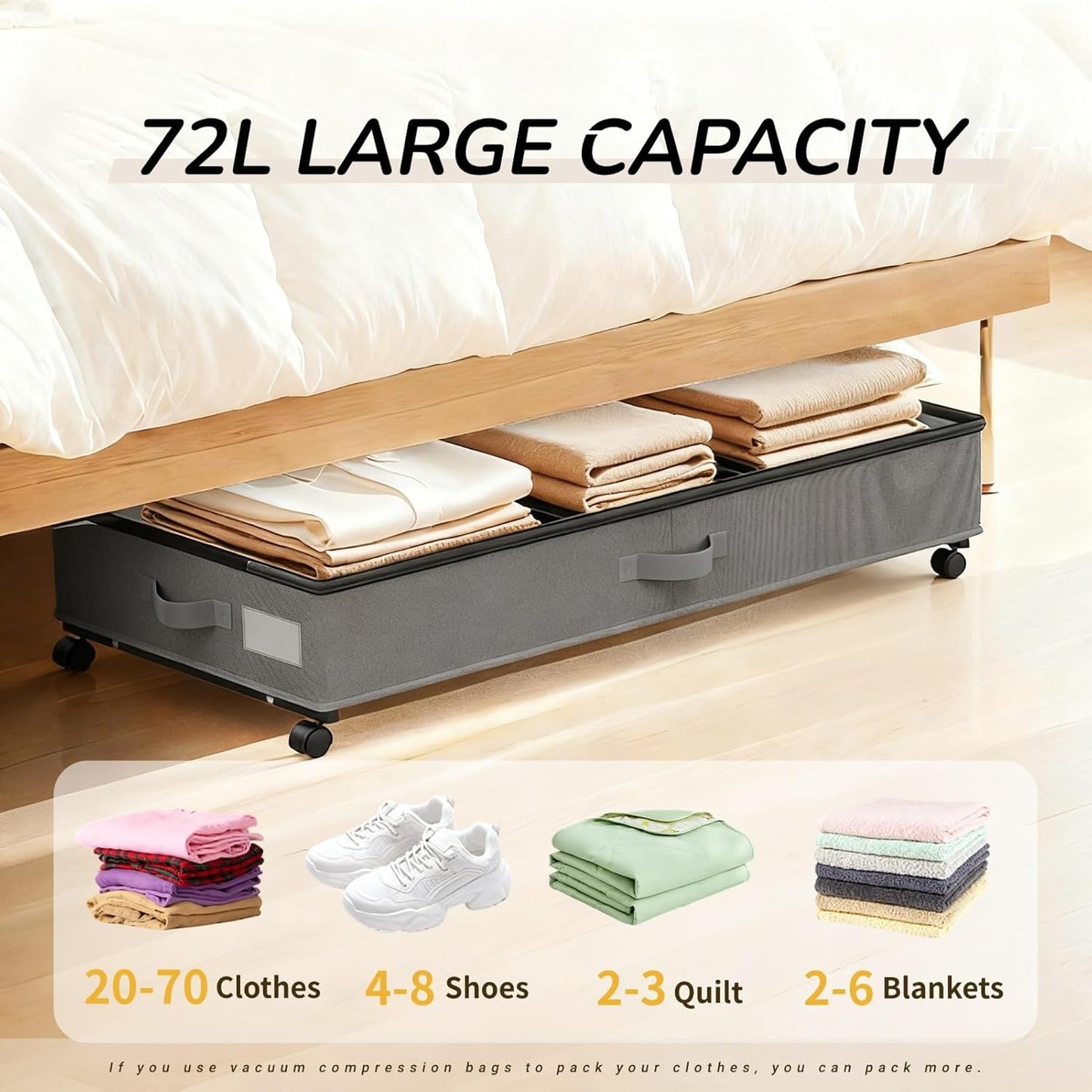 Under Bed Storage with Wheels, 72L Large Capacity Adjustable Height Underbed Storage Drawers with Lid & 360° Wheels, Rolling Storage Container for Clothes, Shoes, Blankets, Comforters