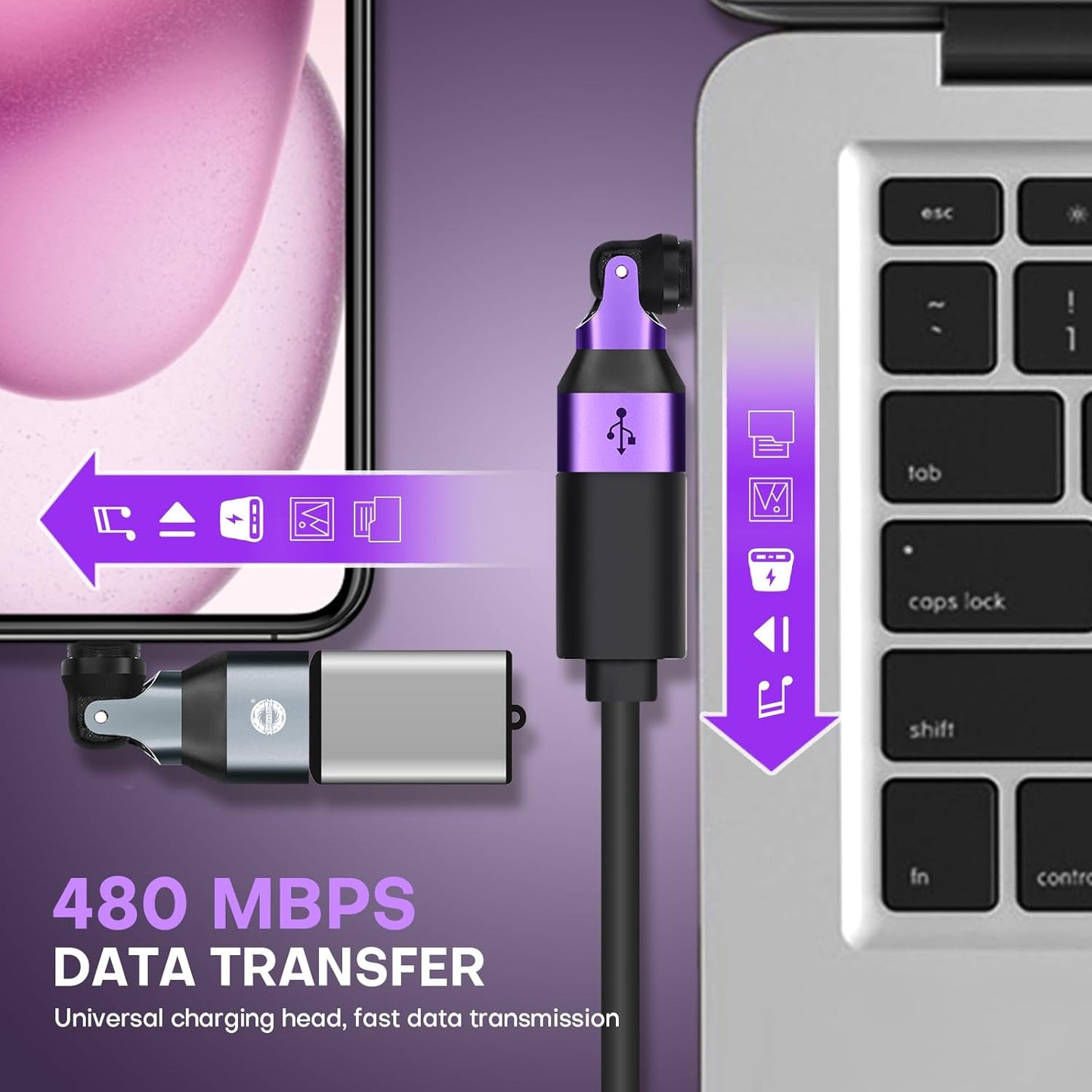 Mini USB A to C Magnetic Adapter 2 Pack, 480 Mbps USBC Male to USB 2.0 Female Adapter, USB C 90 Degree Right Angle Adaptor 180 & 360 Rotation 9PIN OTG Extender Connecter for Thumb Drive