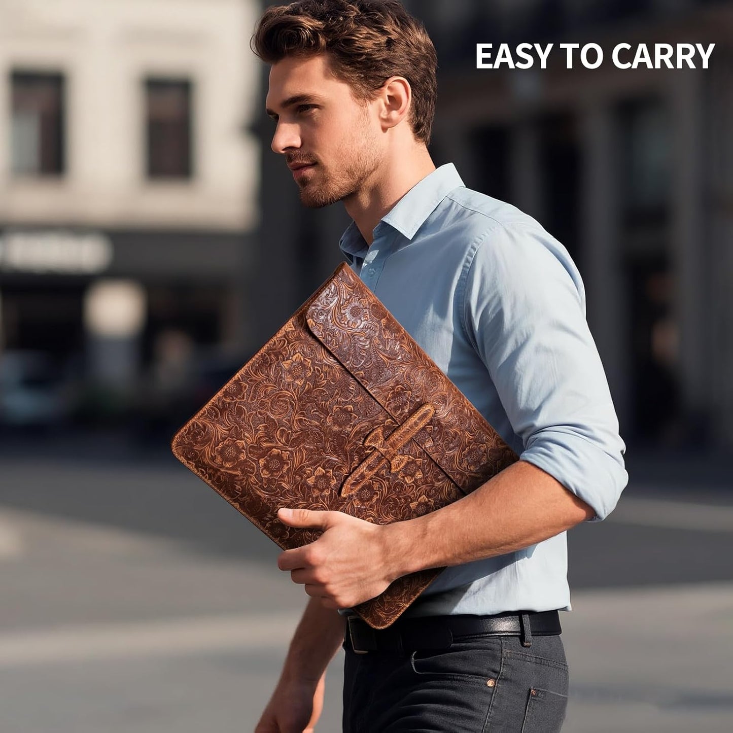 Genuine Leather Laptop Sleeve,Compatible with MacBook Pro 13 Inch M2 M1(2025-2016)＆MacBook Air 13 Inch M4 M3 M2 M1(2025-2018),Vintage Protective Computer Case with Floral Pattern,Buckle Brown