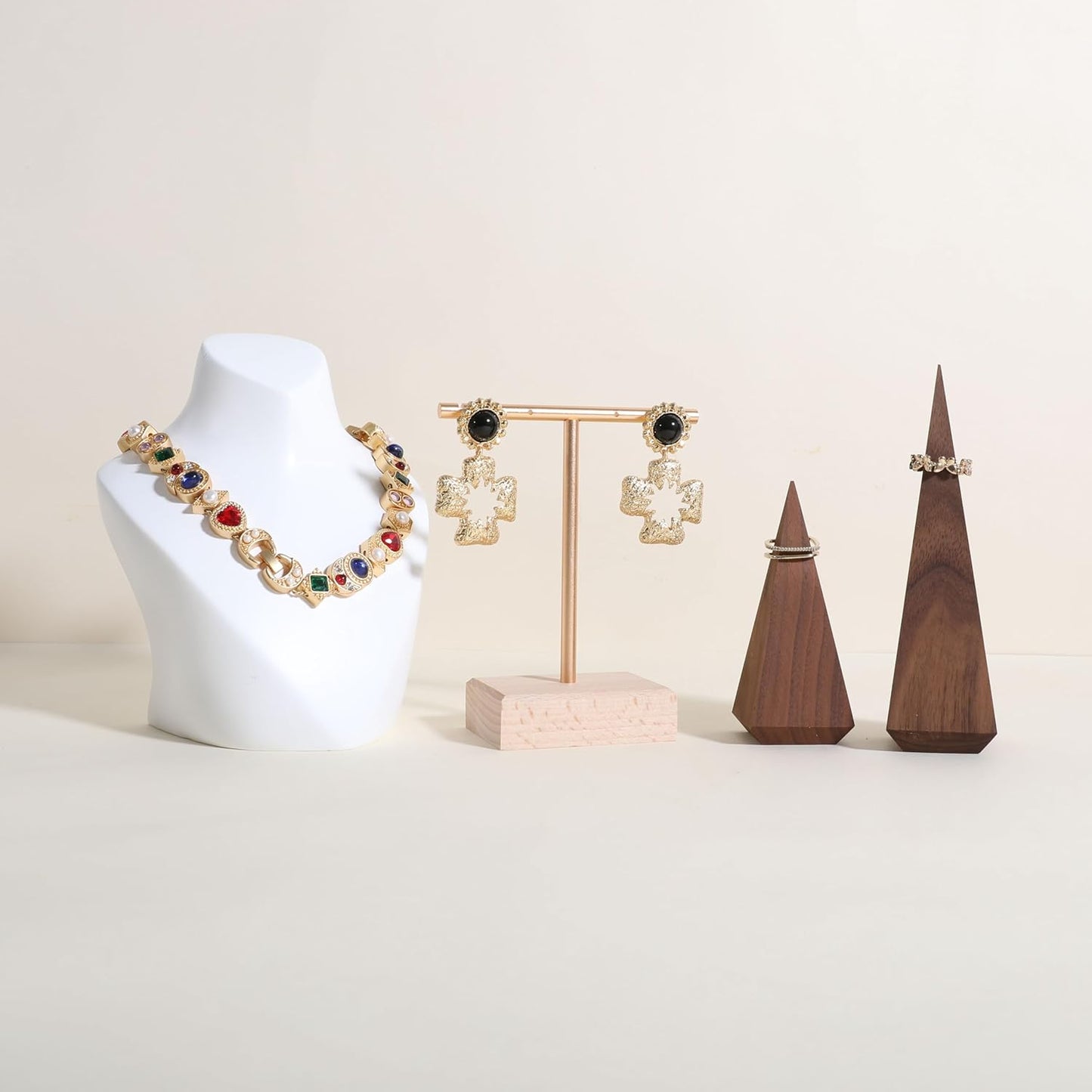 GemeShou earrings T display stands for selling, small earring holder jewelry stand with 4 holes on bar, wood earring hanger for boutique display【Beech】