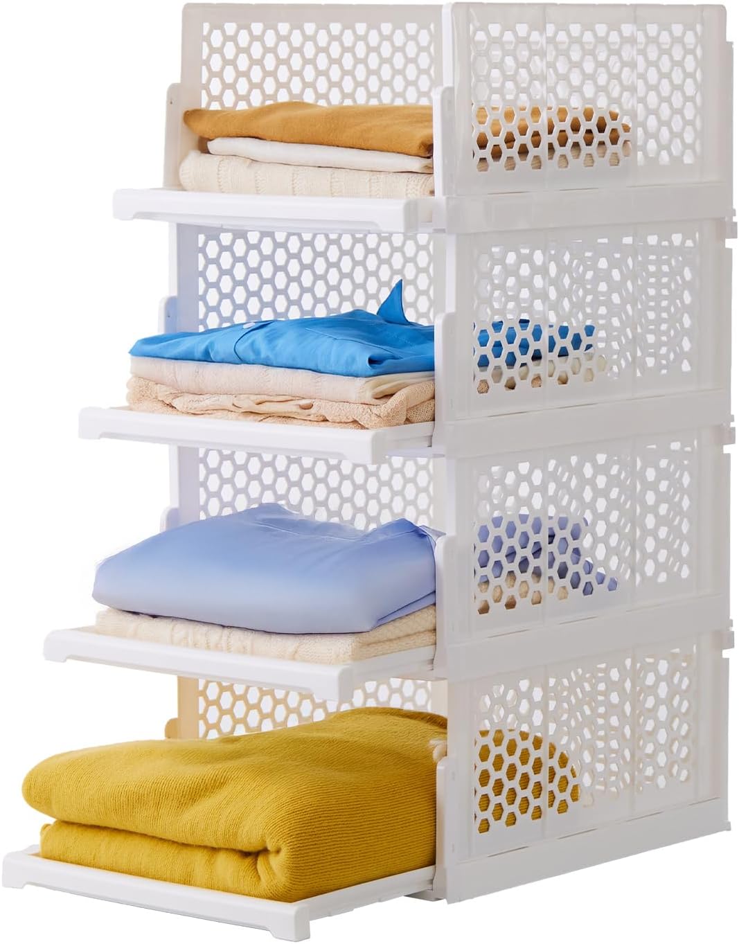 Pull-out Plastic Storage Basket,Stackable Closet Organizers Drawer Anti-Tipping, Reinforced Stable Shelf Container for Bathroom Laundry Room Storage, Space-Saving Clothes Storage (White, 4L)