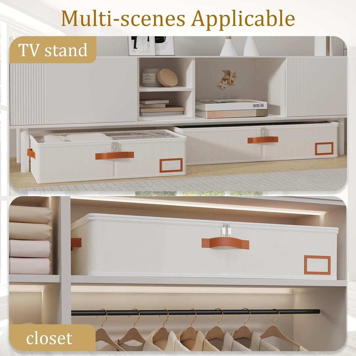 Yawinhe Under Bed Storage, 4 Pack Closet Organizers, Collapsible Container Bags, with Sorting Card Slot and 4 Leather Handles, for Blanket, Bedding, 23.6''Lx11.8''Wx6''H, Beige