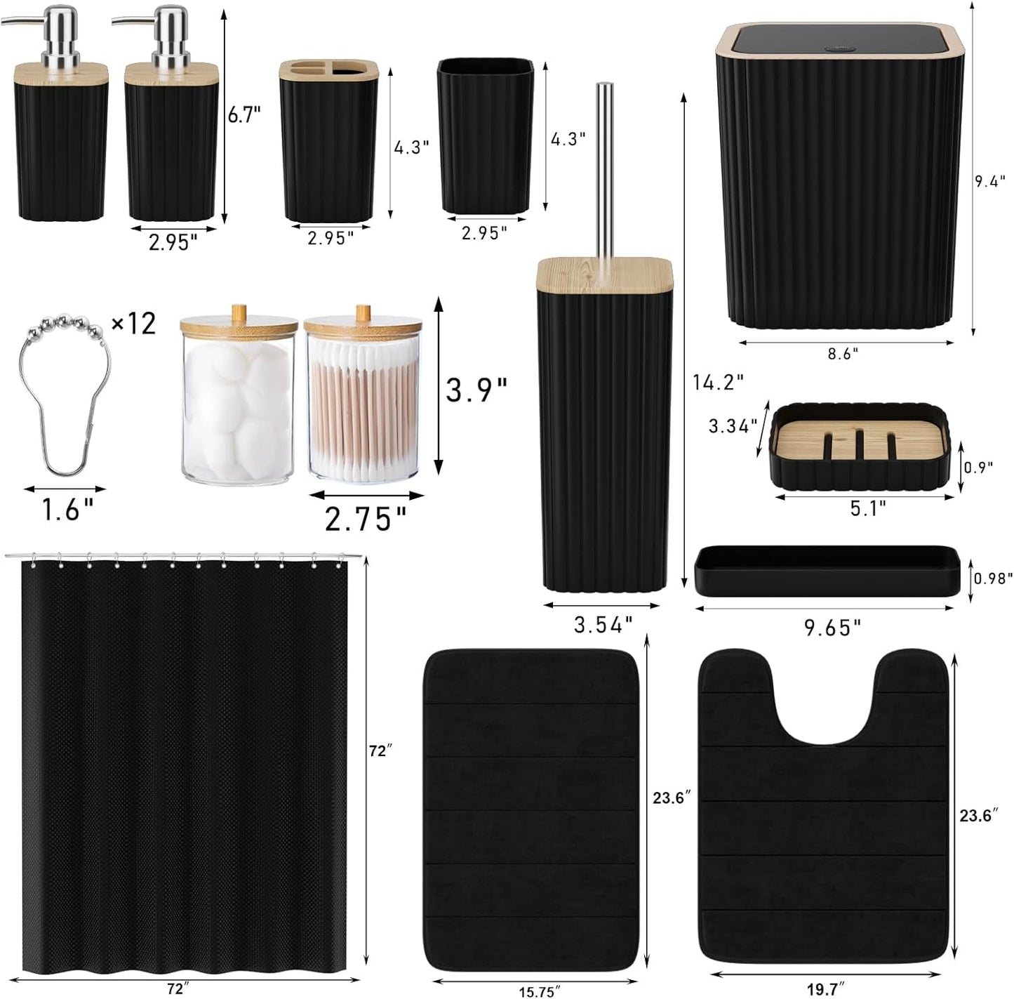Bathroom Set - 25PC Black Bathroom Set with Shower Curtain and Rugs, Bathroom Accessories Set, Black Shower Curtain Set with Bathroom Trash Can