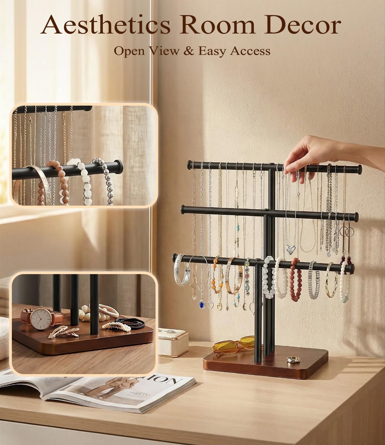 3 Tier Jewelry Holder Organizer, Bracelet Holder Display, Detachable T Bar Wood Jewelry Organizer, Jewelry Display Stand, Necklace Bracelet Holder for Earring, Watches, Rings, 2025 New - Brown