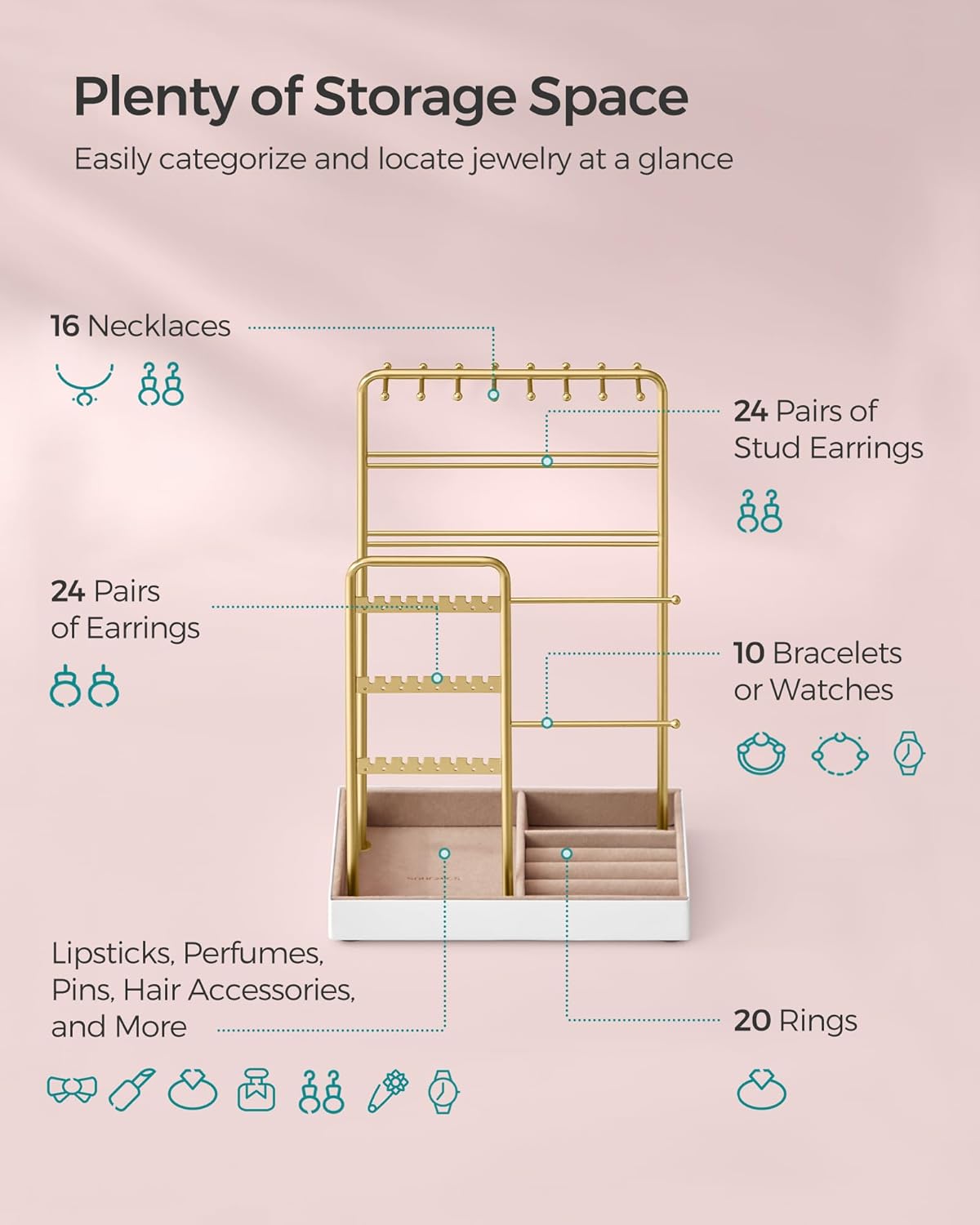 SONGMICS Jewelry Holder, Jewelry Organizer, Jewelry Display Stand with Metal Frame, Velvet Tray, Necklace Earring Bracelet Holder, for Studs, Rings, Christmas Gift, Pale Gold UJJS021A01