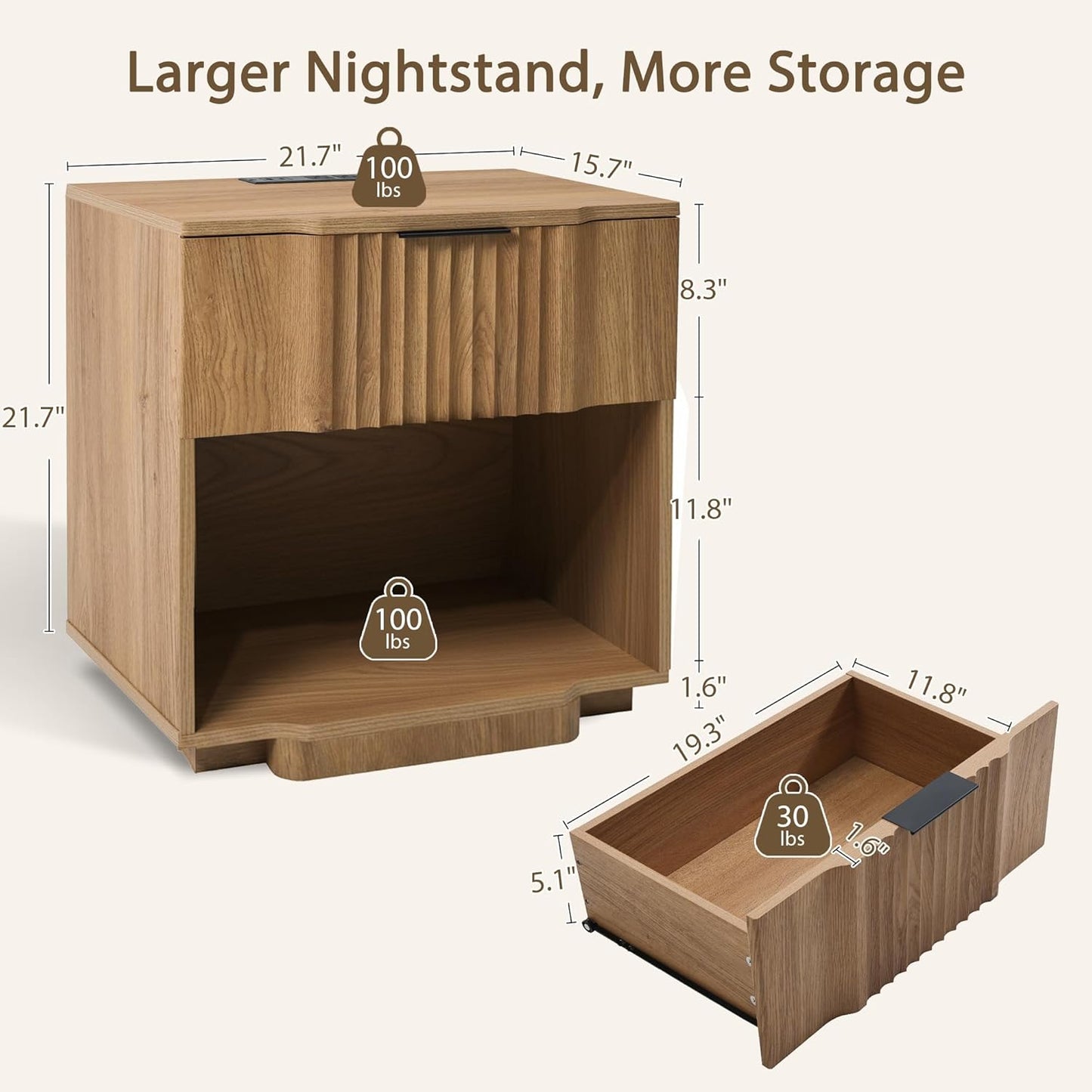 Yechen Fluted Nightstand with 20W Fast Charging Station - Modern Farmhouse Wood Night Stand with Storage Drawer & Shelf, Large Wide Bedside End Table for Bedroom with Curved Profile Base, Natural Oak