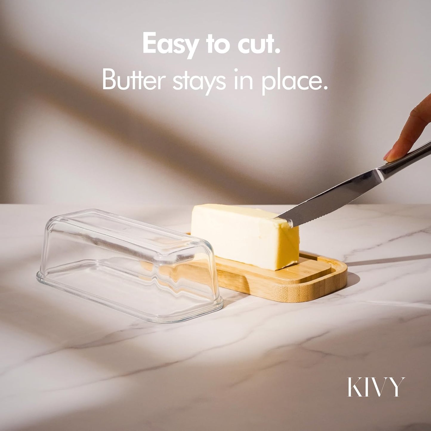 KIVY Glass butter dish with airtight lid that keeps butter soft - For countertop and refrigerator door shelf - Butter tray fridge - Butter holder for counter - Covered butter dishes with lid