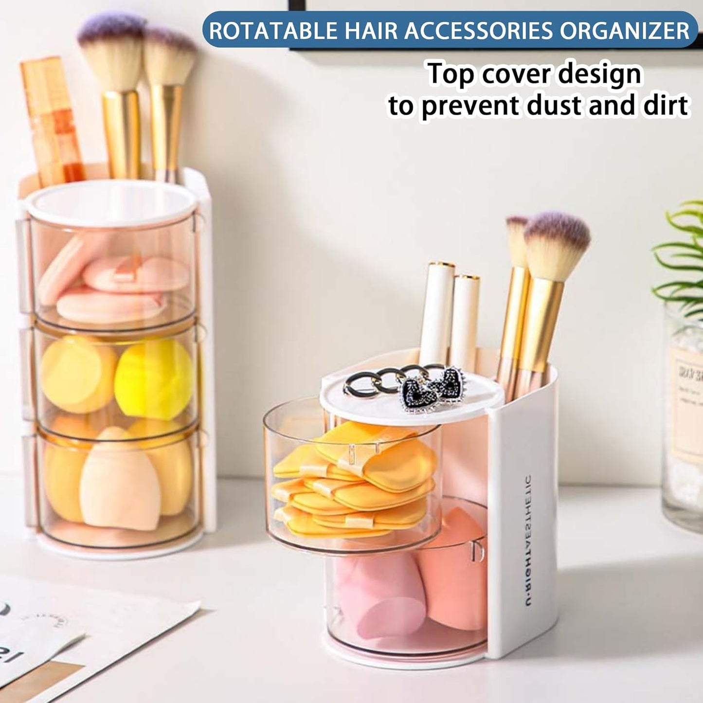 Hair Accessories Organizer with Hair Brush Holder, Rotatable Makeup Brush Holder for Necklaces, Earring, Bracelet, Ring, Makeup Brushes, Hair Clip and Hair Accessories (White, 2-Layer)