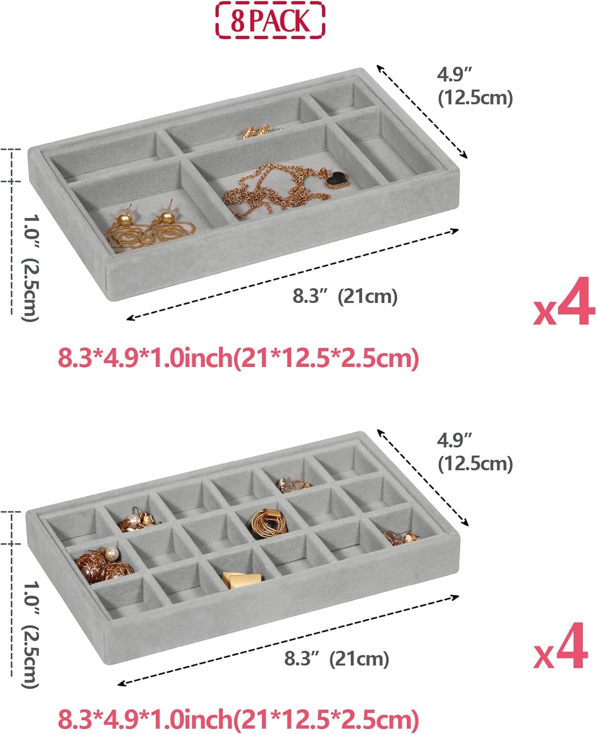 DIOMMELL 8 Pack Stackable Velvet Jewelry Trays Organizer, Jewelry Storage Box Display Trays Showcase Holder Closet Dresser Drawer Organizer for Earring Necklace Bracelet Ring Accessary