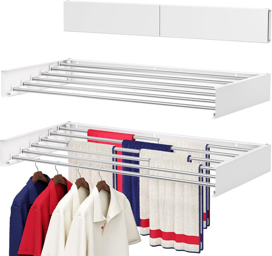 Wall Mounted Drying Rack 40", Foldable Laundry Drying Rack with Stainless Steel Rods, Retractable Laundry Space Saver for Indoor & Outdoor Use, Include Wall Template