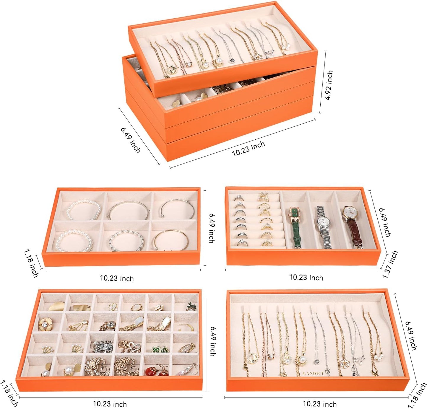 LANDICI Stackable Jewelry Organizer Trays 4 Set,PU Leather Jewelry Organizer Drawer,Jewelry Storage Display Tray for Earring Necklace Rings Bracelet with Removable Dividers,Orange