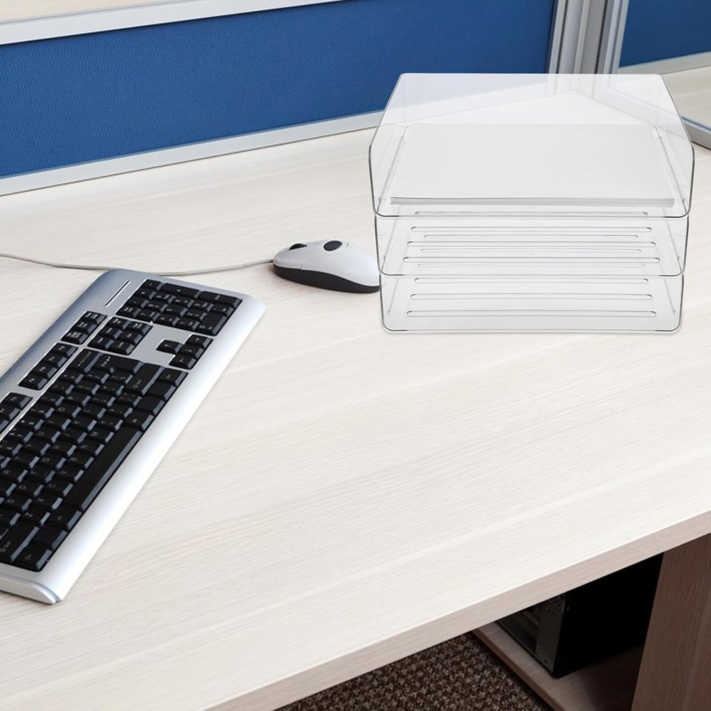 Stackable Paper Tray Organizer for Desk Wide Letter File Holder Transparent Desktop Storage Rack for Office Documents Mail and Stationery Management
