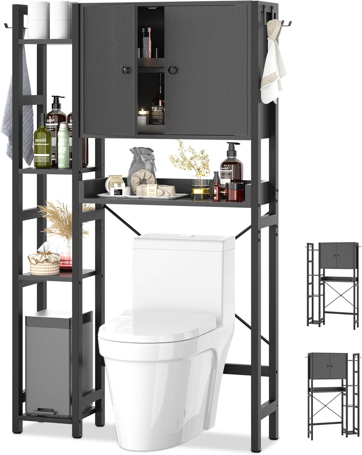 Over The Toilet Storage Cabinet with Doors - 7 Tier Bathroom Organizer with Adjustable Shelf, Freestanding Space Saver Rack Above Toilet Stand with 4 Hooks for Bathroom, Restroom, Laundry, Black