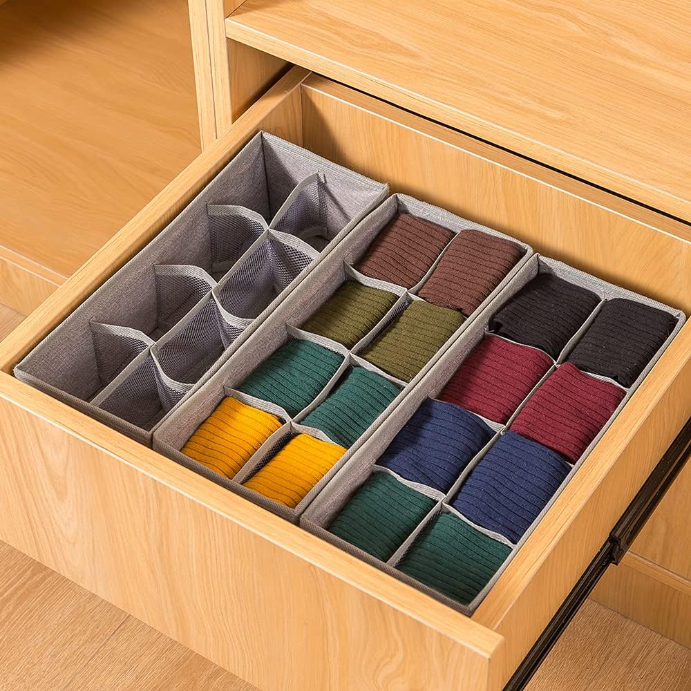 Qozary 3 Pack Sock Underwear Drawer Organizer Dividers, Collapsible Cabinet Closet Storage Boxes for Clothes, Socks, Lingerie, Underwear, Tie, Belt, Baby, Bedroom
