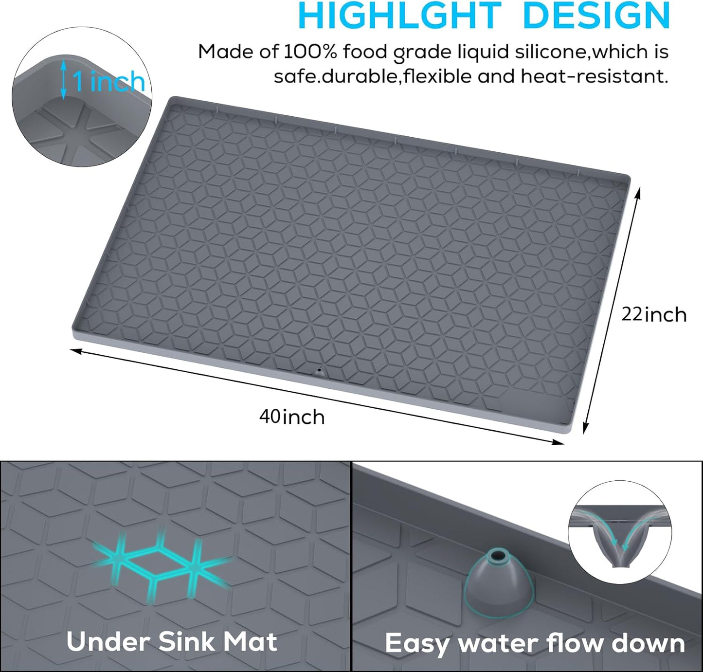 Under Sink Mat for Kitchen, Silicone Waterproof Liner, Flexible Organizer Tray with Drain Hole, 3.5 Gallons Capacity, Easy to Clean