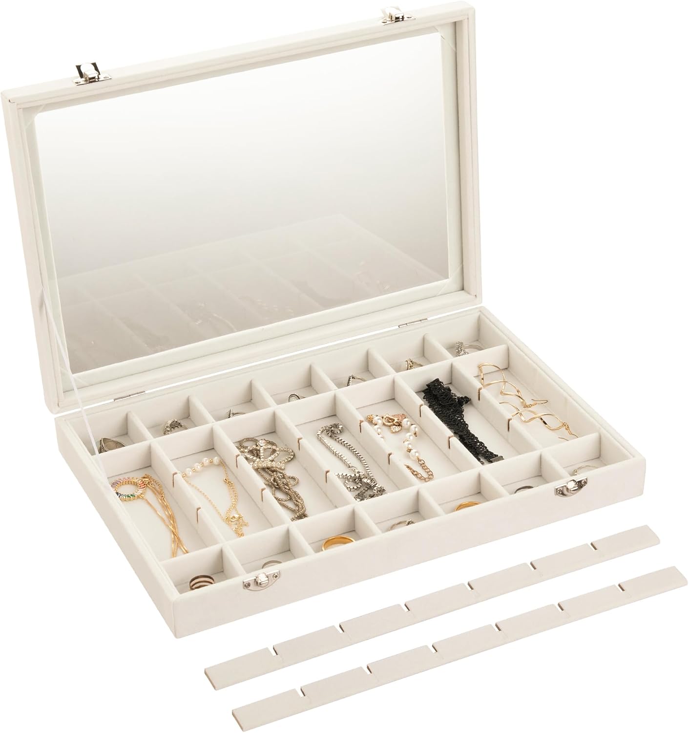Frebeauty Velvet Jewelry Tray,35 Grid Jewelry Organizer with Clear Lid,Earring Holder Organizer Case with Clasp,Drawer Insert for Rings Studs,13.8 x 9.5 x 2 Inches,Gift for Women Girls(Beige)
