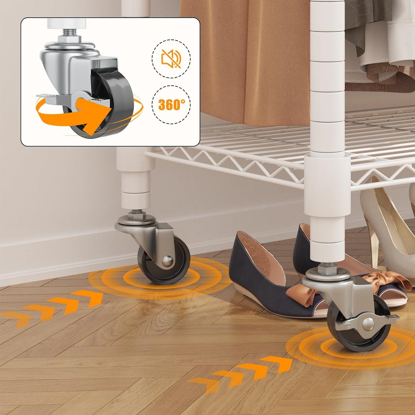 BATHWA Heavy Duty Garment Rack on Wheels, Rolling Clothes Racks for hanging clothes, Modern Closet Wardrobe Clothing Rack with 8 Side Hangers, White