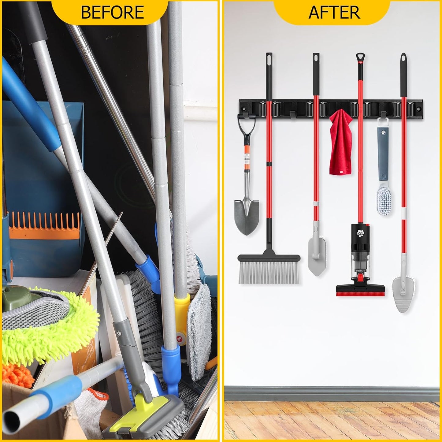 SLIIMU Movable 15'' Broom and Mop Holder Wall Mount with Sliding 3 Racks 4 Hooks, Storage Organizer Wall Hanger, Cleaning Tool Hanging Grippers for Kitchen Bathroom Garden Garage Laundry Home Closet