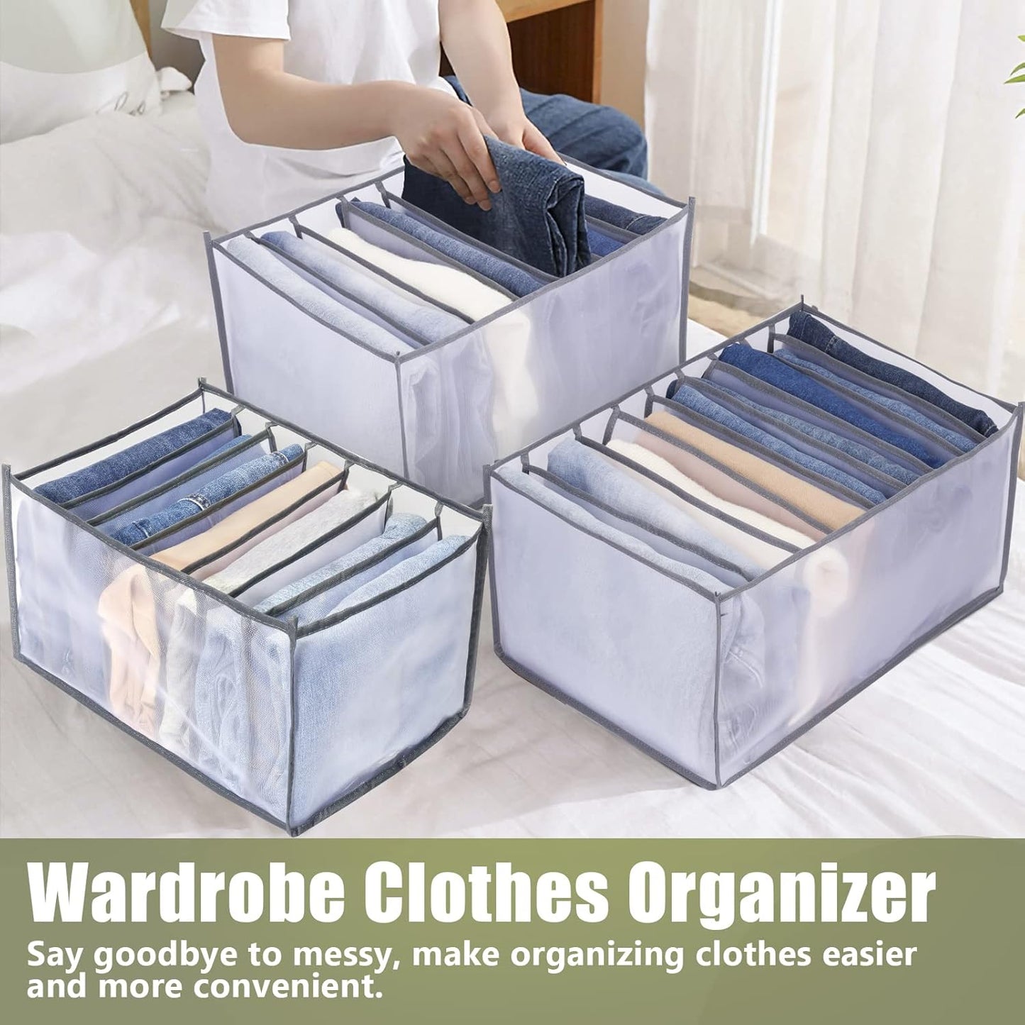 TOOVREN Upgraded Wardrobe Clothes Organizer 2PCS, Drawer Dividers for Clothes, Drawer Organizers for Clothing, Mesh Wardrobe Organizer for Jeans Pants Sweaters T-Shirts Underwear (Gray, Large 9 Grids)