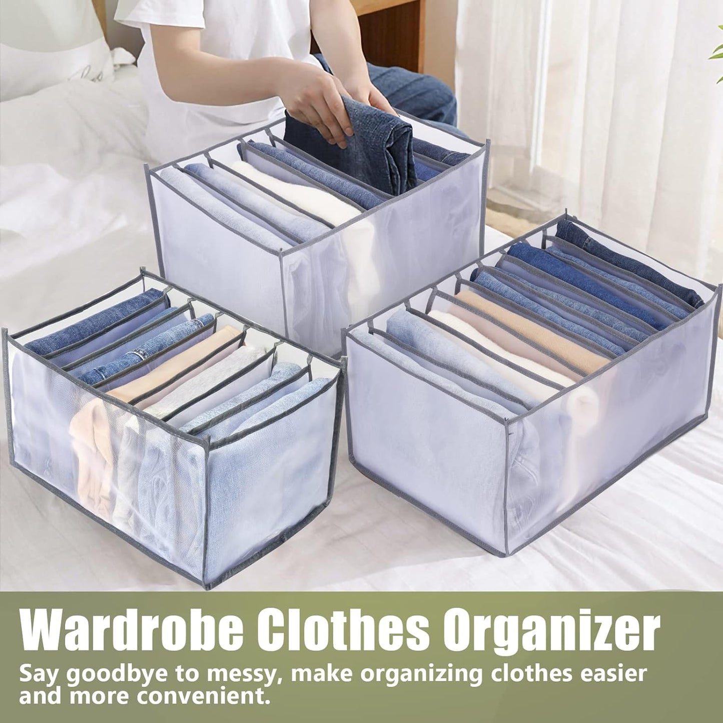 TOOVREN Jeans Organizer Extra Large 9 Grids, Closet Organizer with Foldable Drawer Compartments, Washable Clothing Storage Box 3-Pack