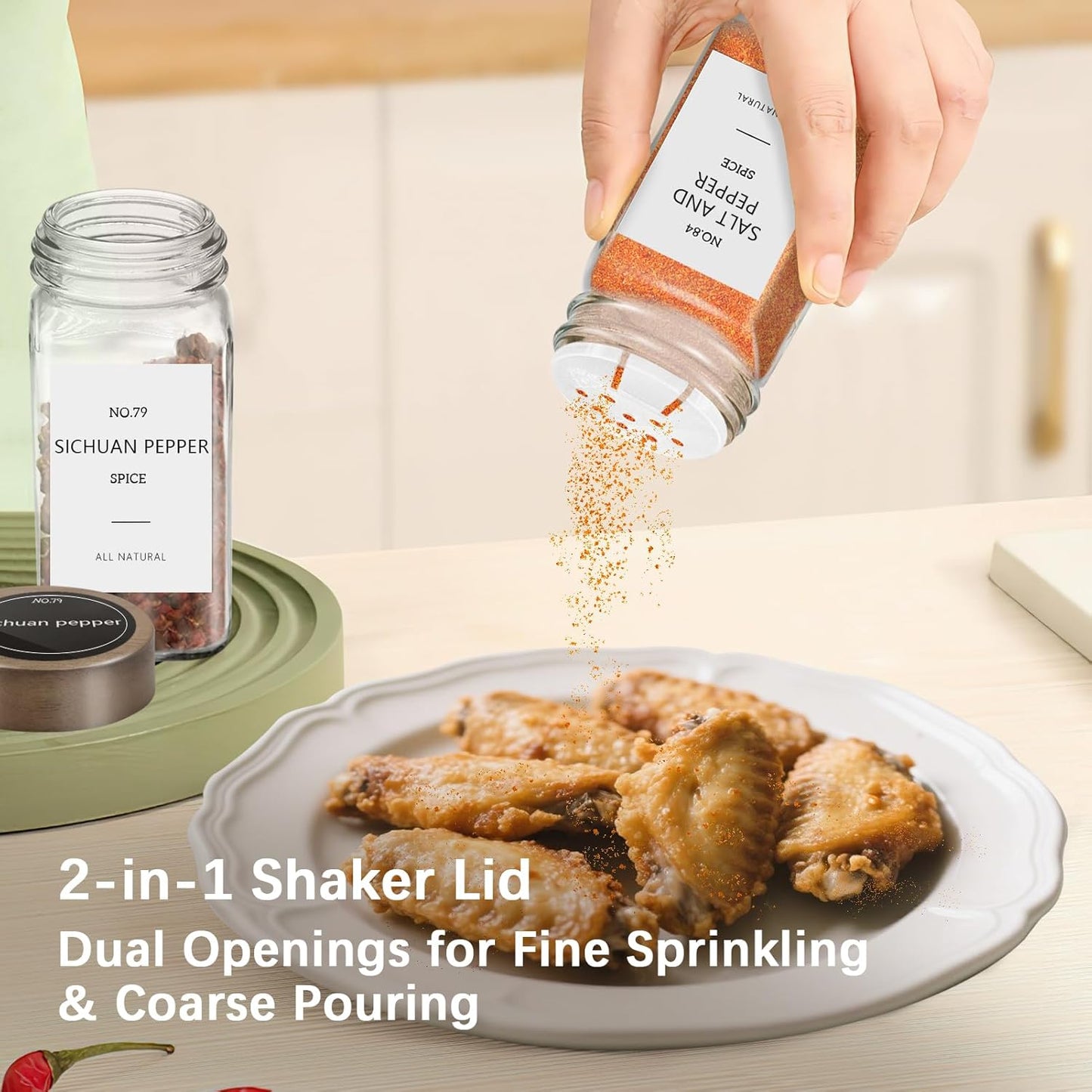 ZEHIQ 48Pcs Glass Spice Jars with Acacia Wood Lids, 4 oz Square Seasoning Containers with Labels, Seasoning Jars with Shaker Lids, Chalk Pen, Funnel, Cleaning Brush, Spice Bottles for Cabinet, Drawer