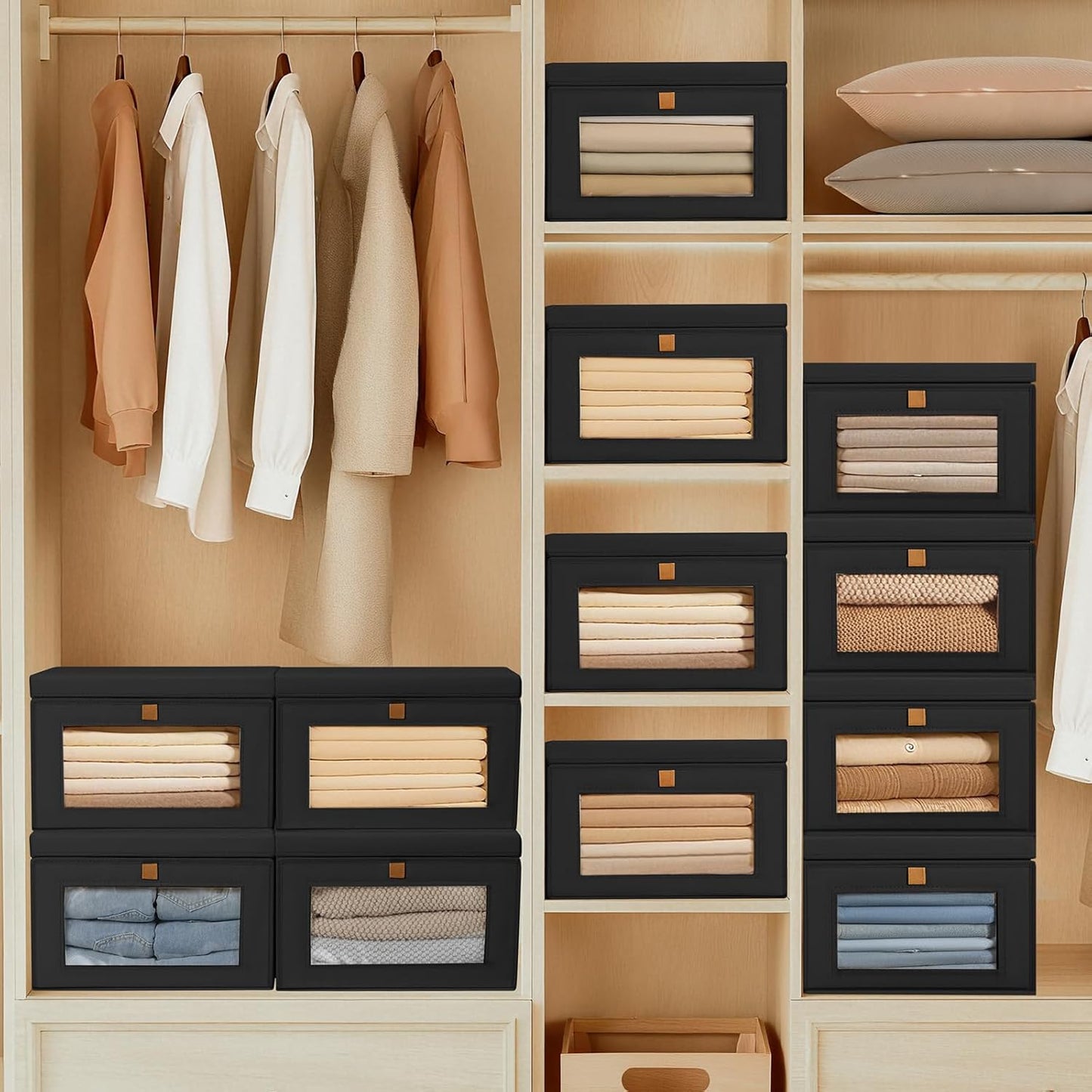 DIMJ Storage Bins with Lids - 4 Pack Large Fabric Closet Organizer with Window & Handles, Collapsible Decorative Storage Boxes for Shelves Under Bed, Books Clothes Blankets Sweaters Organization