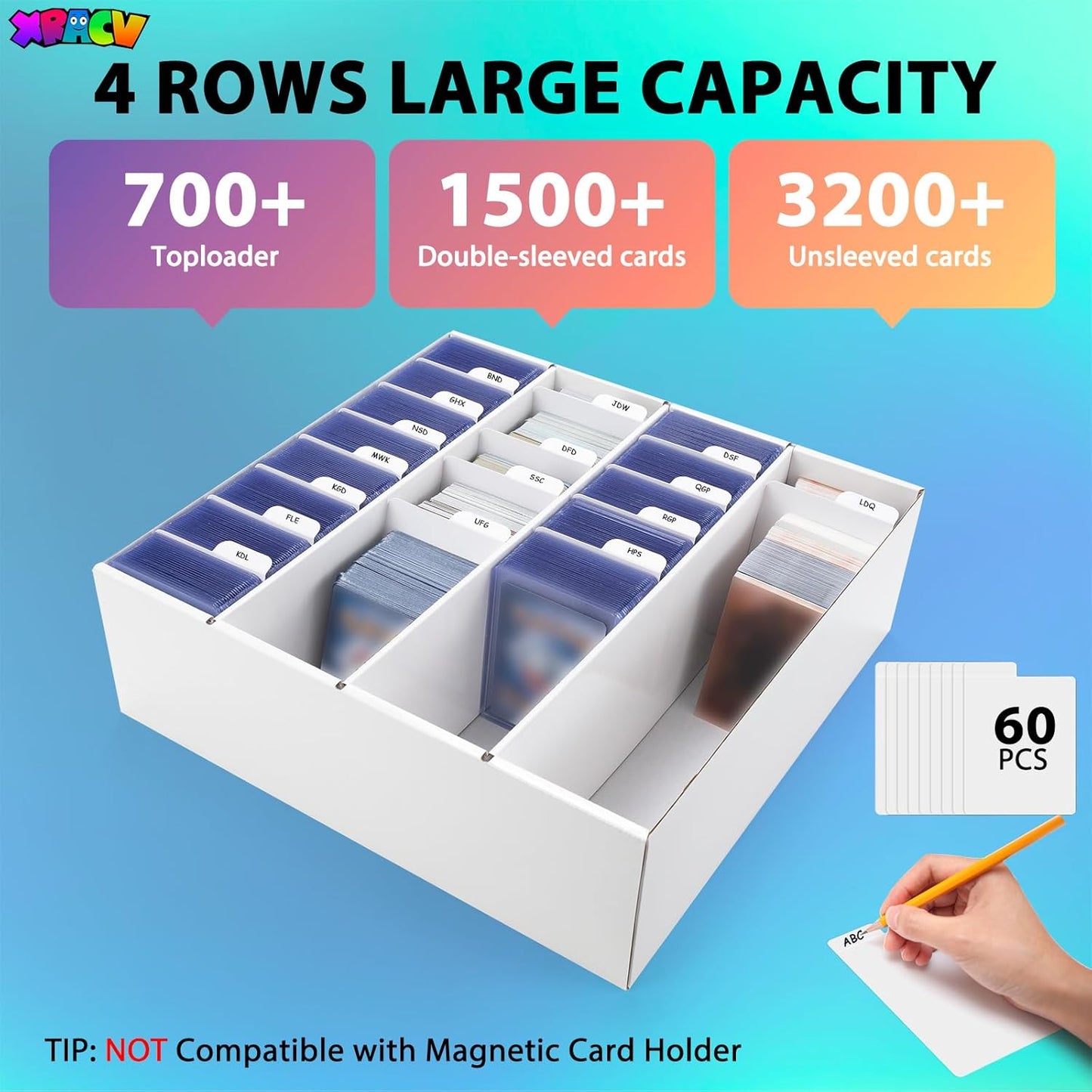 Trading Card Storage Box, 4 Row 3200 Count Collector Cards Box with Divider, White Corrugated Cardboard Compatible with Top Loader Organizer Sorting Tray Box for Sports Cards, MTG, TCG Cards (3-Pack)