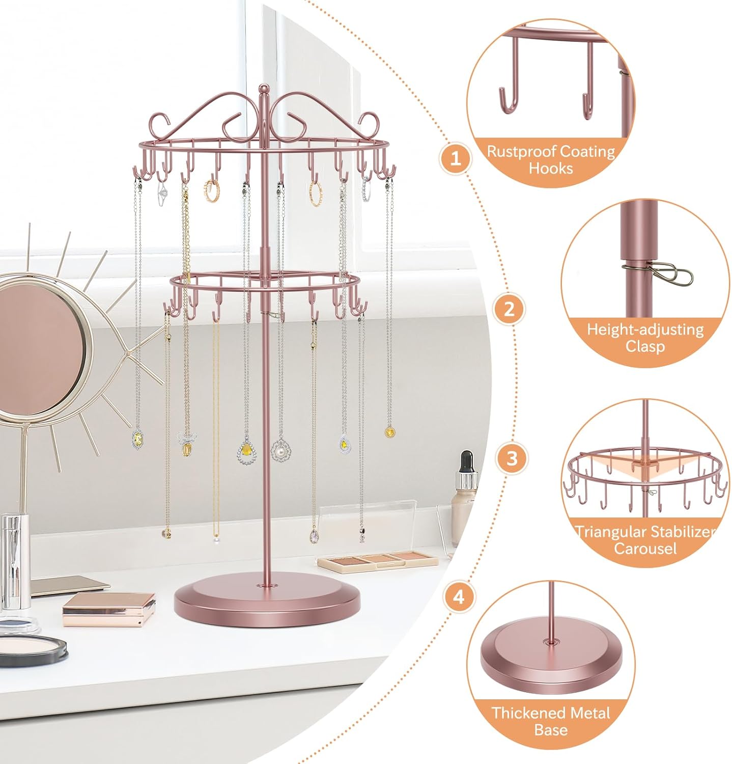 iDavosic.ly 2 Tier Rotating Necklace Holder Organizer with 42 Hooks, Adjustable Metal Bracelet Display Stand Rack, Extra Tall Keychain Spinning Tree Tower for Women, Rose Gold