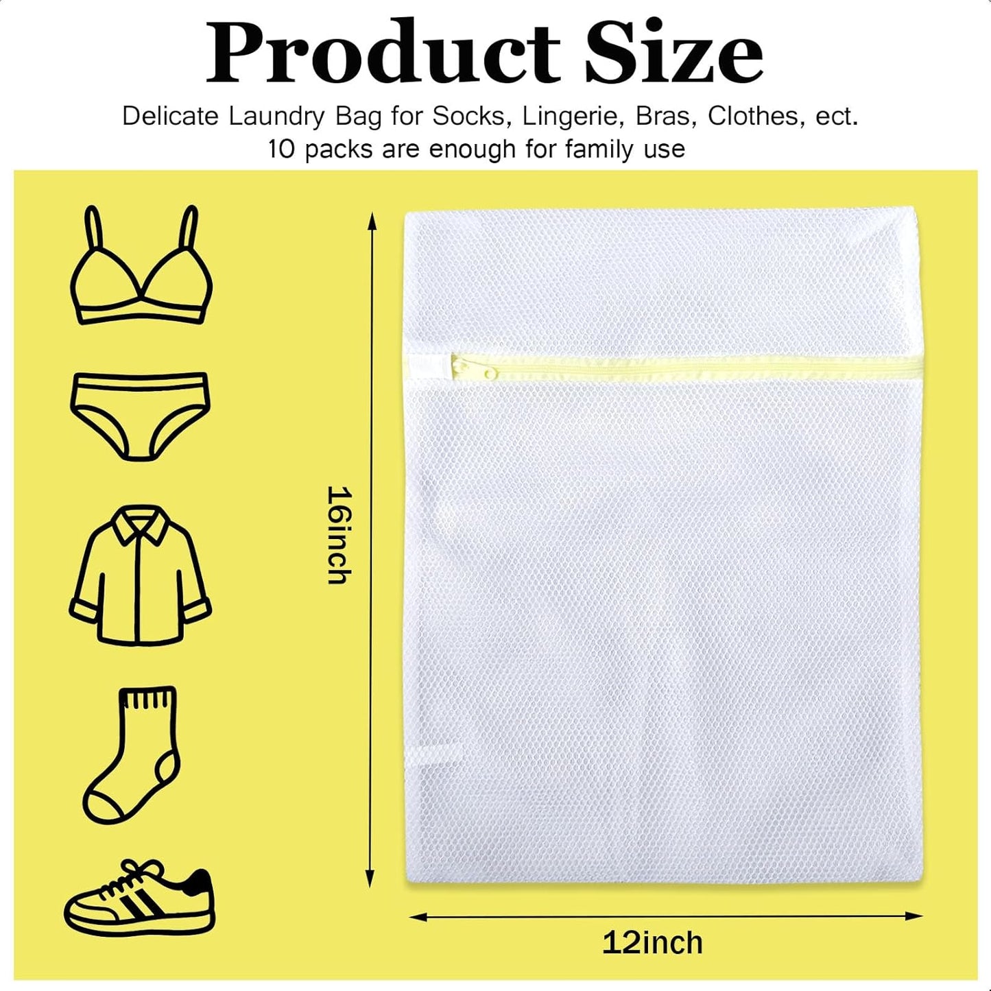 Mesh Laundry Bags for Washing Machine - 10 Pack (12x16 Inch), Double-layer Delicates Wash Protector for Lingerie Clothes