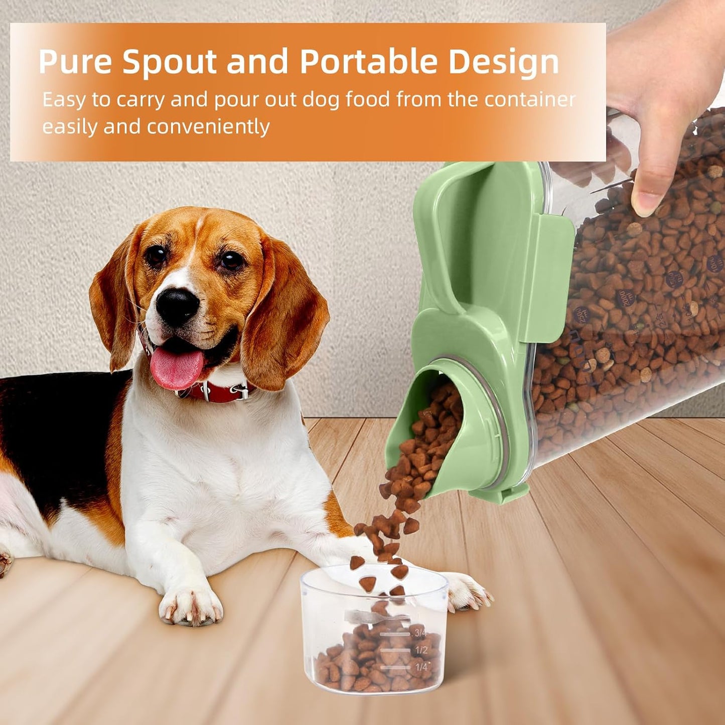 Dog Food Storage Container, Upgraded Large Nozzle BPA-free, 3-5 LBS Plastic Pet Food Storage Containers, With 4 Sealed Clasps, 1 Measuring Cup and Handle (Bright Green)