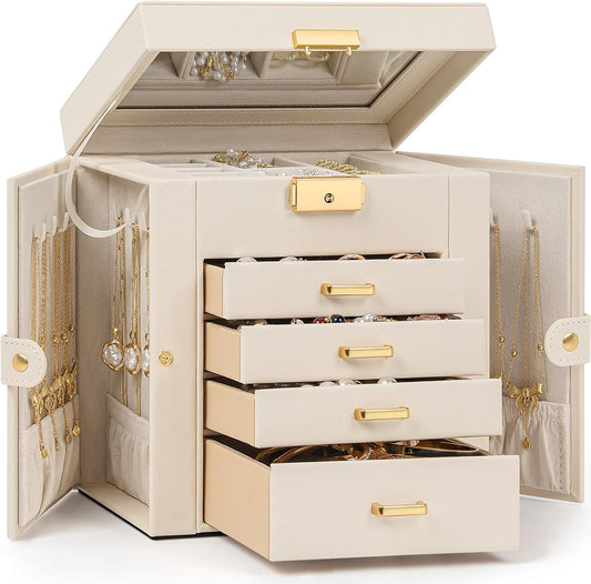TORIBIO Jewelry Box for Women, Leather Jewelry Organizer with Mirror & Lock, 5-Tier Jewelry Storage Organizer with 4 Drawers for Girls/Women/Mothers, Necklace Earring Bracelets Holder Organizer