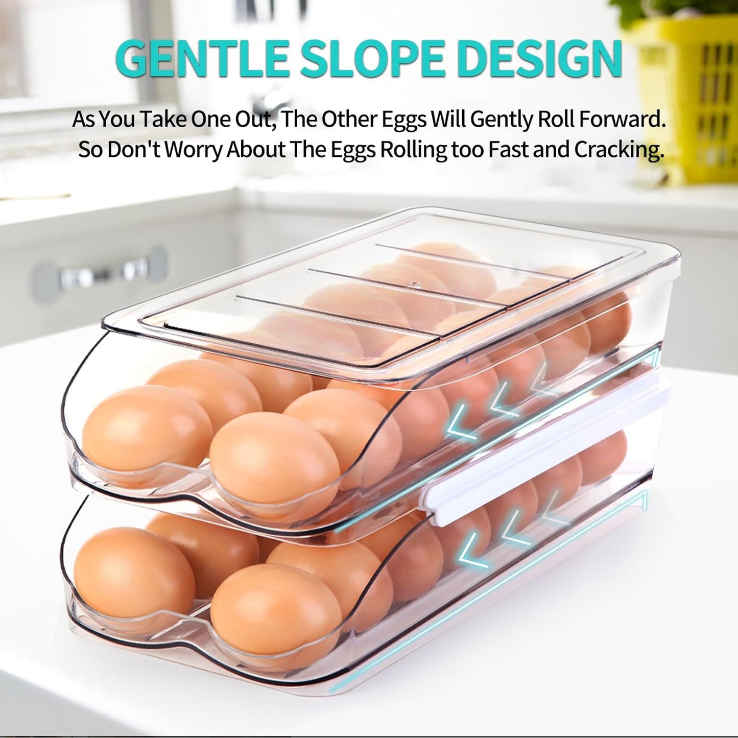 Egg Holder for Fridge, Automatic Rolling Egg Container for Refrigerator, Stackable Fridge Organizers and Storage with Lid, Clear Plastic Egg Dispenser,Bin & Tray (1 Tier)