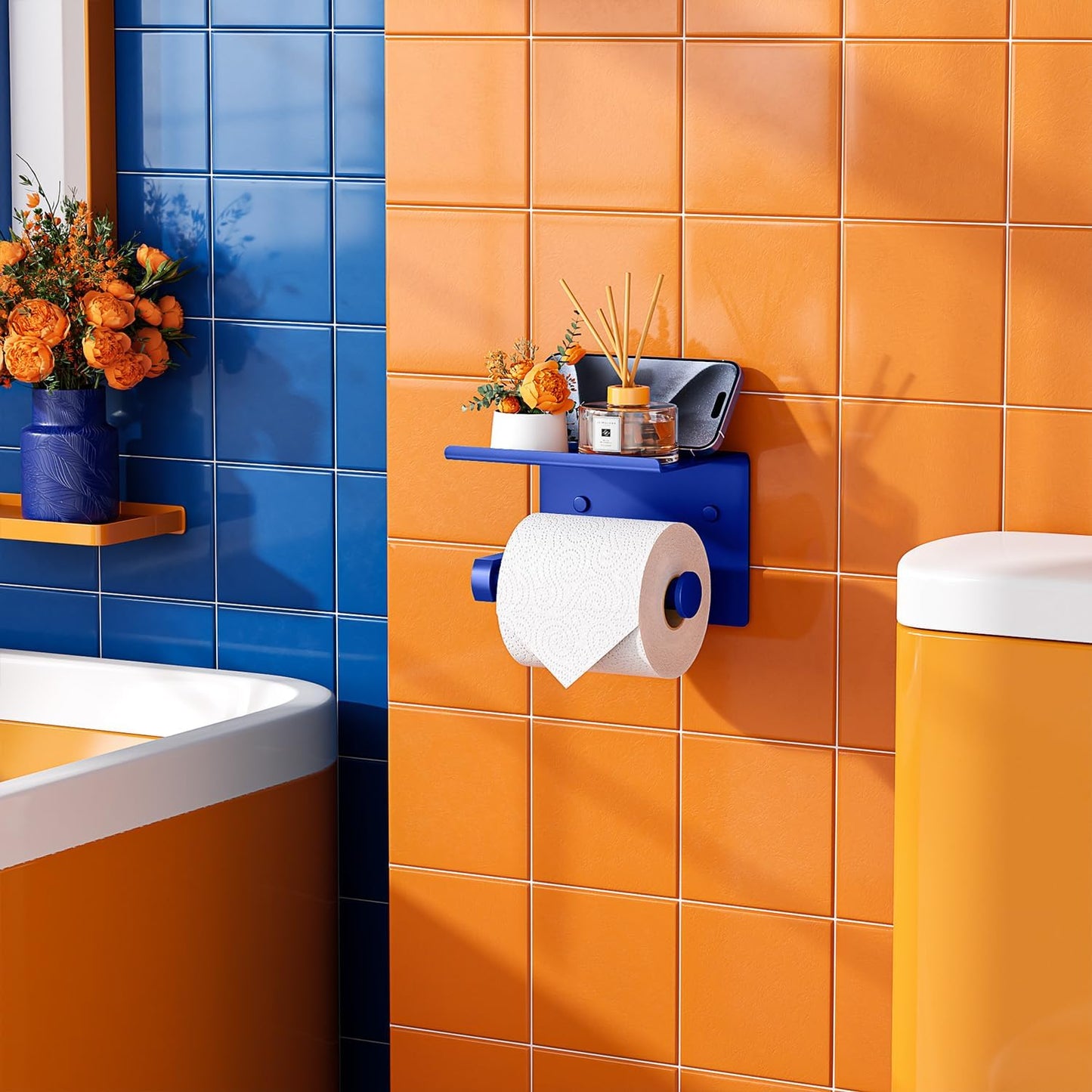 Tindbea Toilet Paper Holder with Shelf Adhesive or Screw Wall Mounted Toilet Paper Roll Dispenser Storage, Stainless Steel Bathroom Shelf Holder Accessories (Klein Blue)