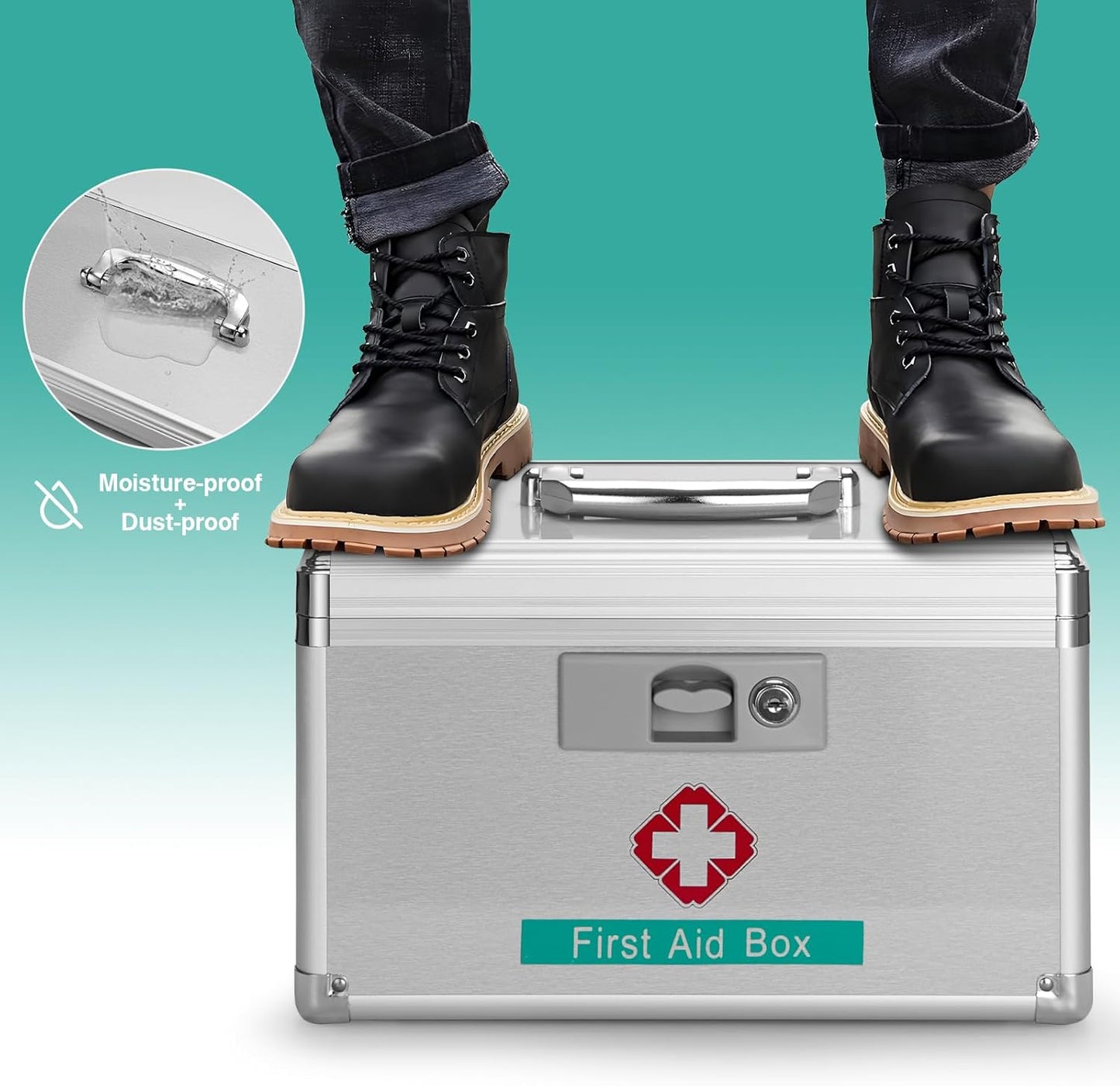 First Aid Box with Key, 11.2 x 7.6 x 7.6 Inches, Empty Lockable Medicine Storage Organizer for Home/Outdoor (Silver/Medium)