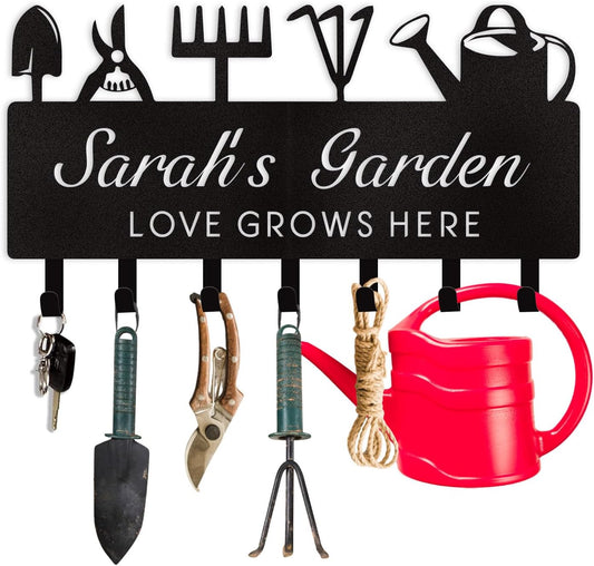 Personalized Key Holder for Wall, Custom Name Wall Mounted Black Key Hanger with Horticultural Garden Design, Key Racks Organizer for Hallway Entryway Front Door Storeroom Decor