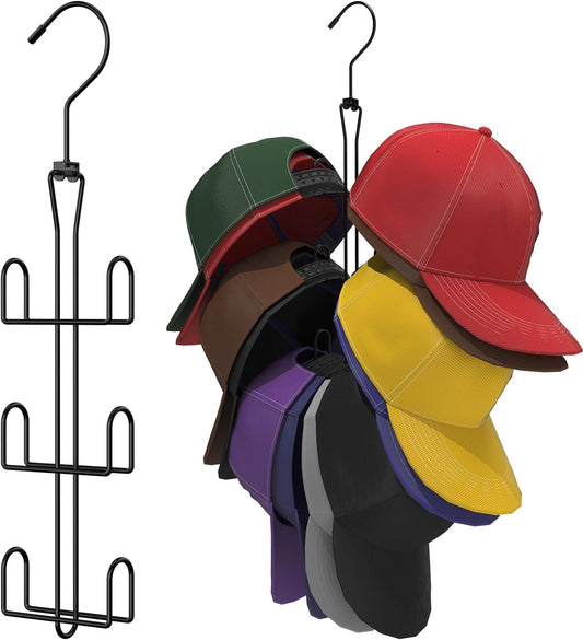 Hat Hanger 2pcs Metal Hat Storage For Baseball Caps,Rotatable Hat Organizer For Closet,Hat Rack With 6 Hooks Up to 30 Caps Hold,Black