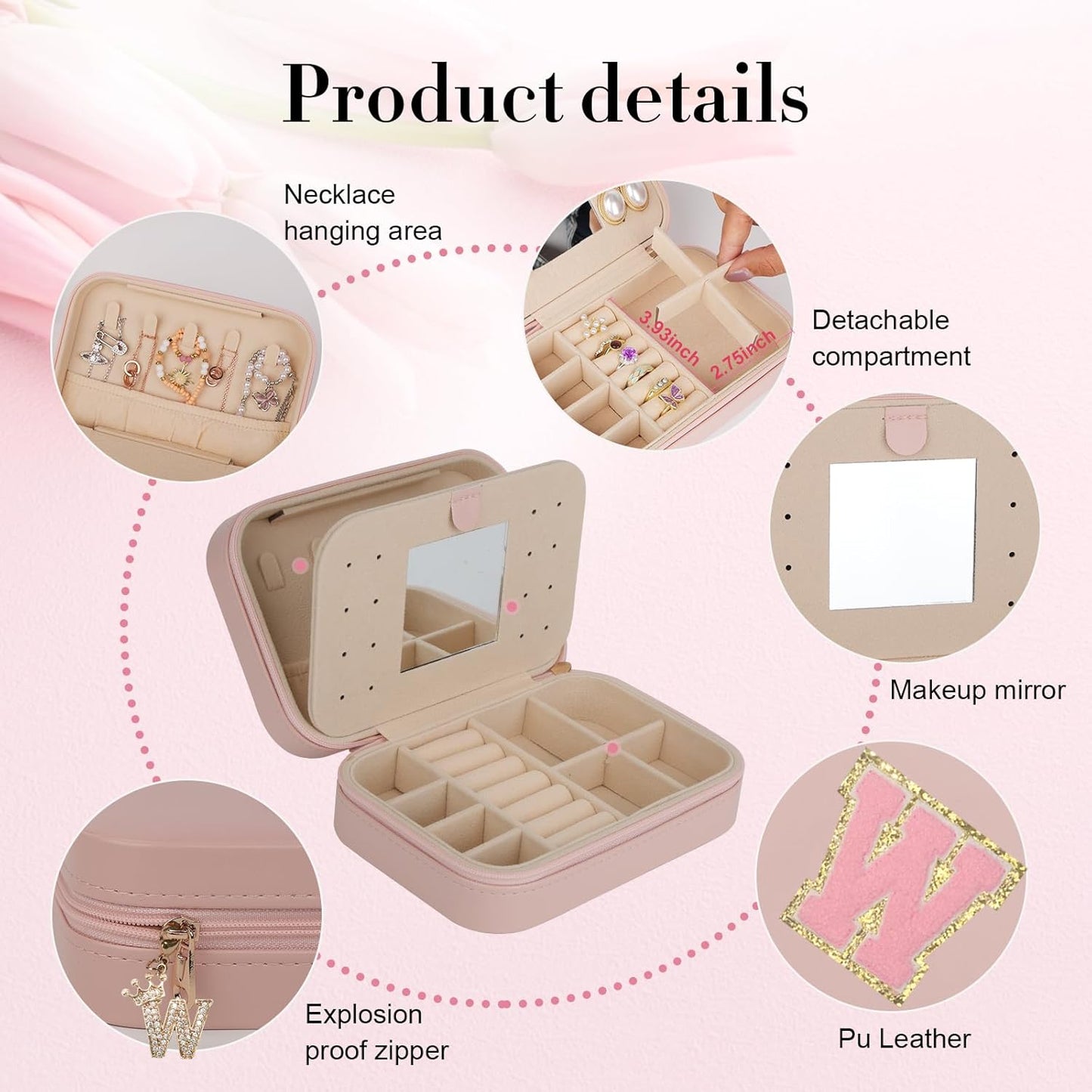 TopPerfekt Travel Jewelry Case Travel Jewelry Box With Mirror, Jewelry Organizer Bridal Shower Gifts To Her, Earring Travel Case, Trendy Gift for Women and Girls (W, Pink)