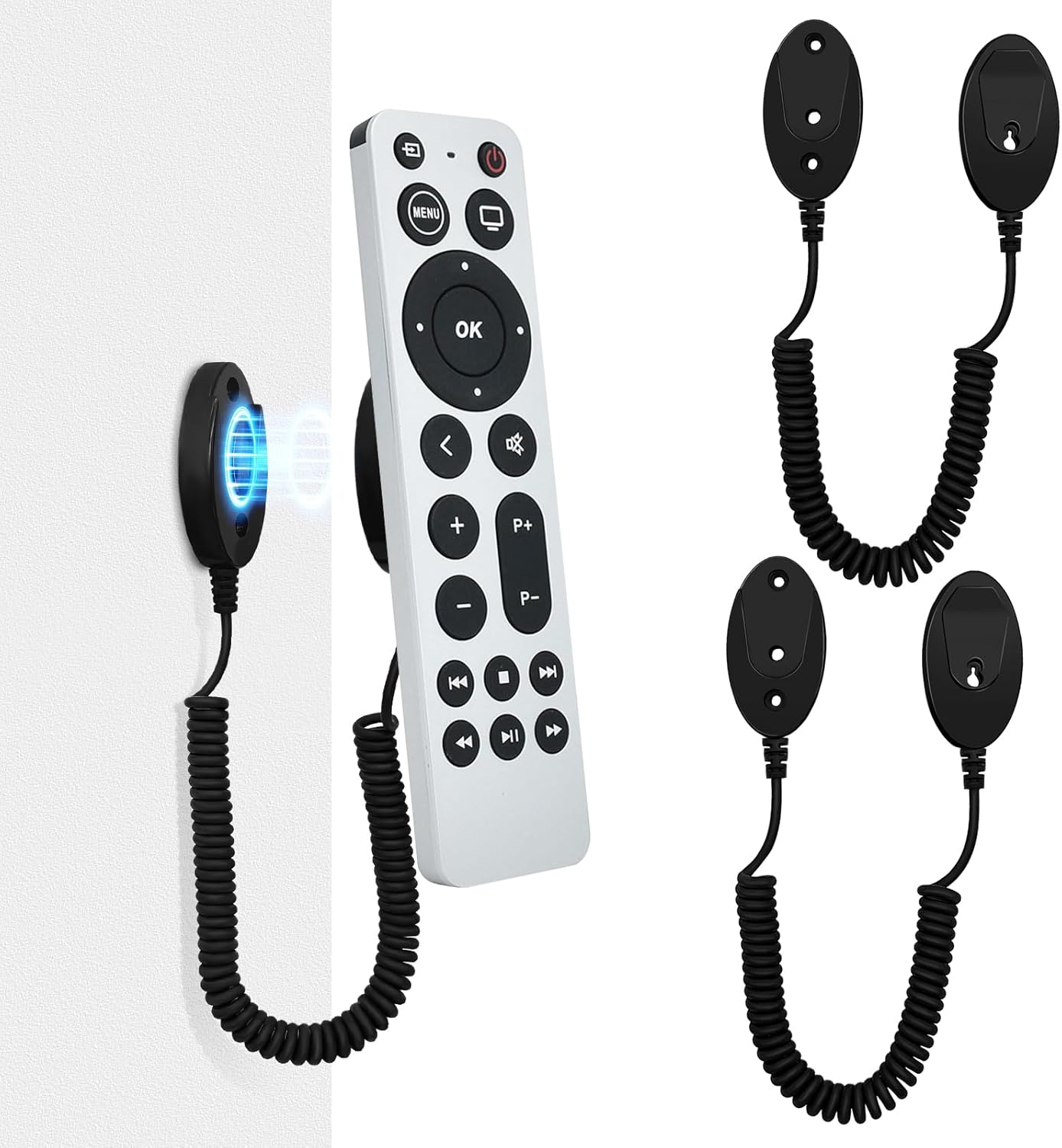 Magnetic Remote Control Holder with Retractable Cord, Anti-Loss Wall Mount Adhesive for TV, Couch, Bedside Table, Strong Spring Rope Organizer for Small Items, 2-Pack Black