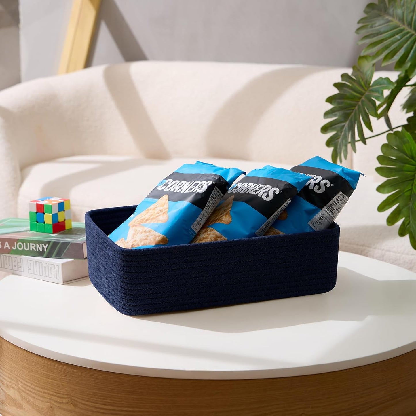 Large Shallow Organizing Baskets 15x11x5.1 Inches - Rope Woven Storage Bins for Bathroom, Shelves, Cube Closet, Navy Blue 4 Packs