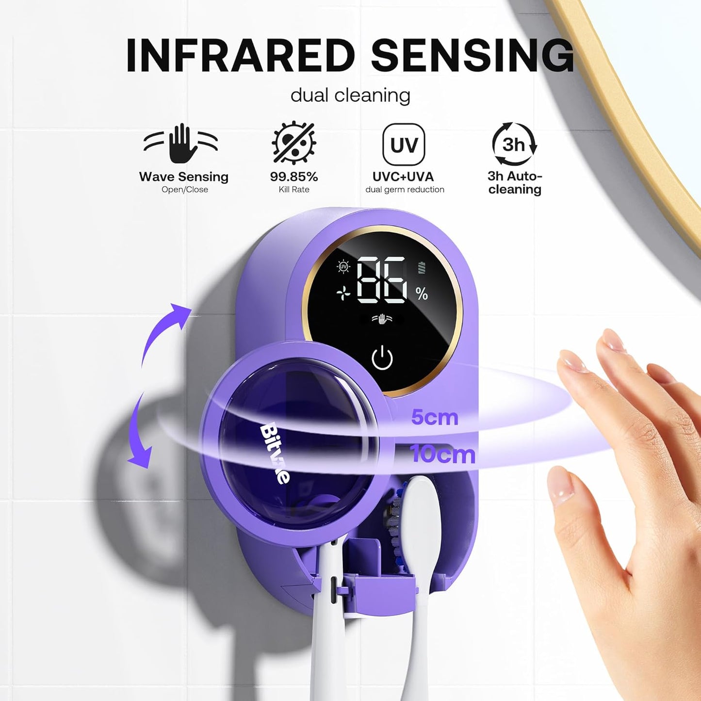 Bitvae Upgraded Tooth Brush Holder for Bathroom 2.0, Infrared Sensing Toothbrush Cleaner, Wall-Mounted for Most Size Toothbrushes, Air Drying, LED Smart Screen, Purple