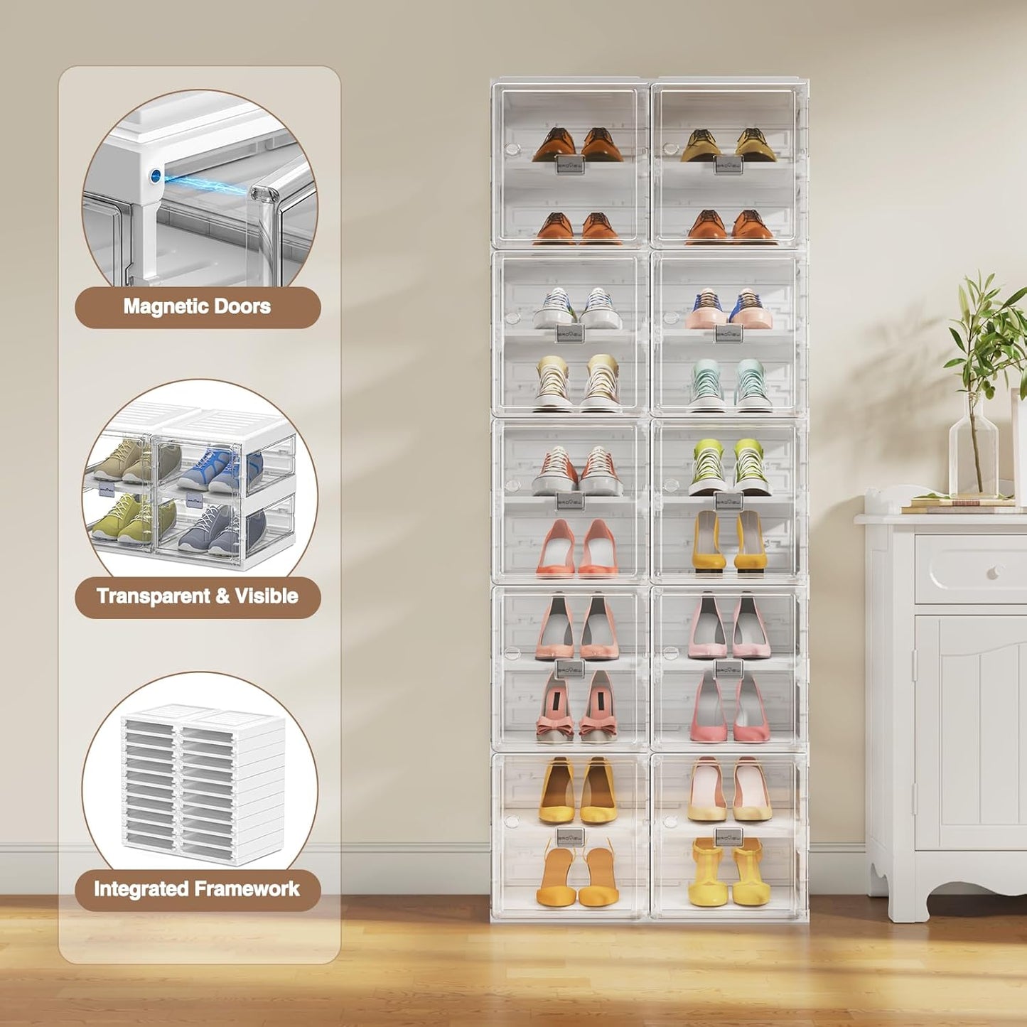 BROVIEW Foldable Shoe Rack, Large Stackable Sneaker Organizer Storage Box with Magnetic Clear Door, Plastic Folding Shoes Cabinet Bins, Shoe Shelf Space Saving for Closet, Entryway 10 Tier 20 Grids