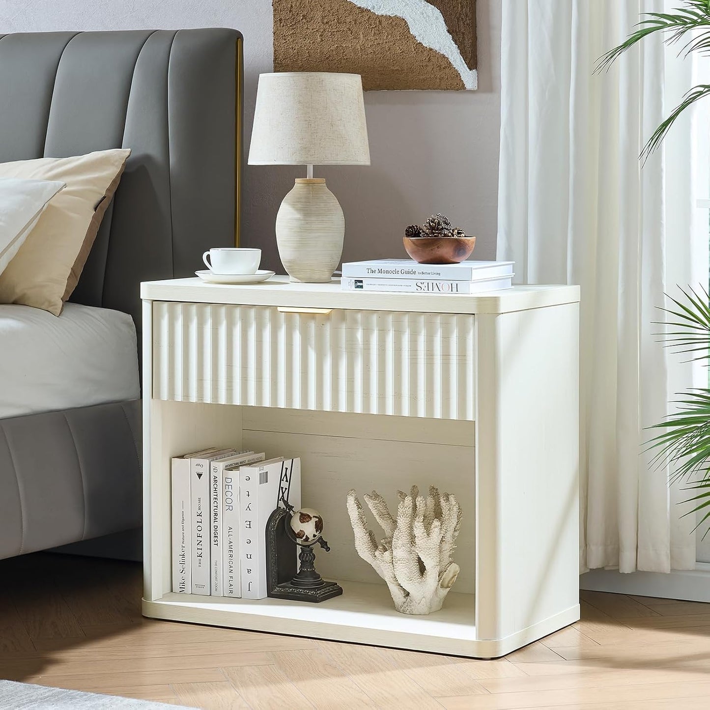 LEYAOYAO 31" Wide Fluted Nightstand Set of 2 with Charging Station, Oversized Extra Large 1 Drawer Night Stand with Golden Handle, White Wood Bedside Table Tall End Tables,for Bedroom, Living Room