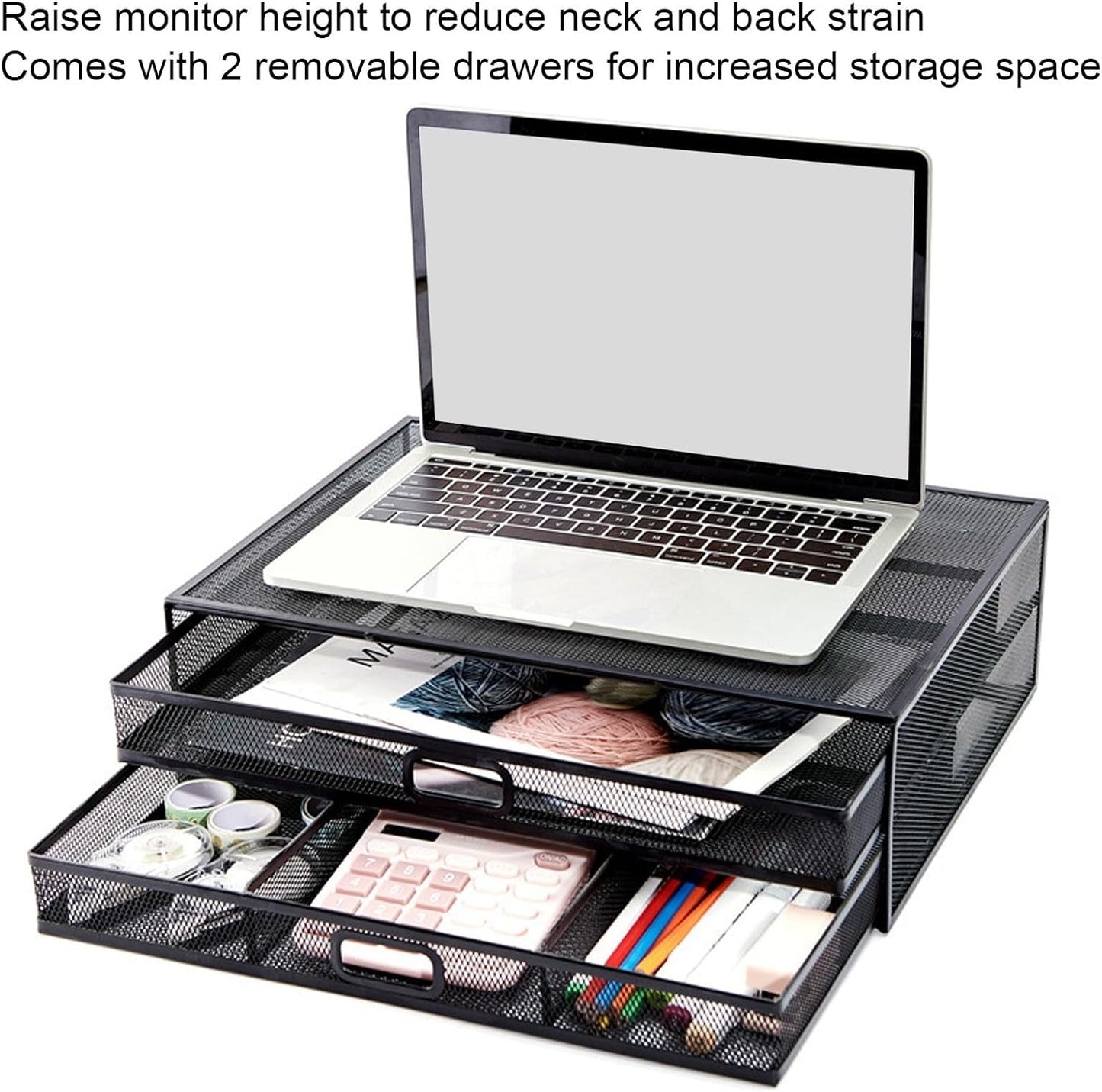 Pilipane Monitor Stand Riser with Drawer Large Storage Space Anti Slip Rubber Pad Metal Mesh Monitor Riser for Office Household