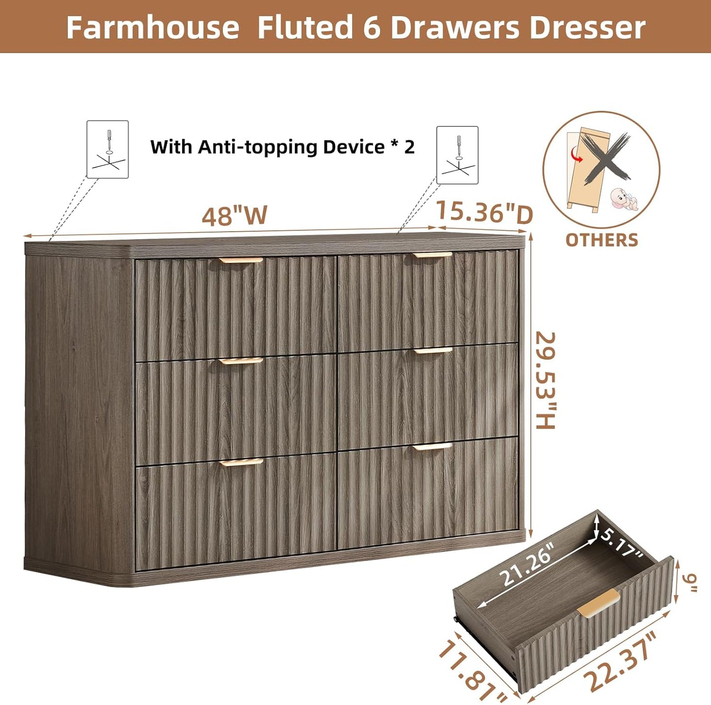 LEYAOYAO Fluted 6 Drawers Dresser, 48" Wide Modern Chest of Drawers with Wood Grain Top, Curved Profile Design, Dresser TV Stand, Wood Drawer Organizer for Bedroom, Living Room, Hallway,Grey