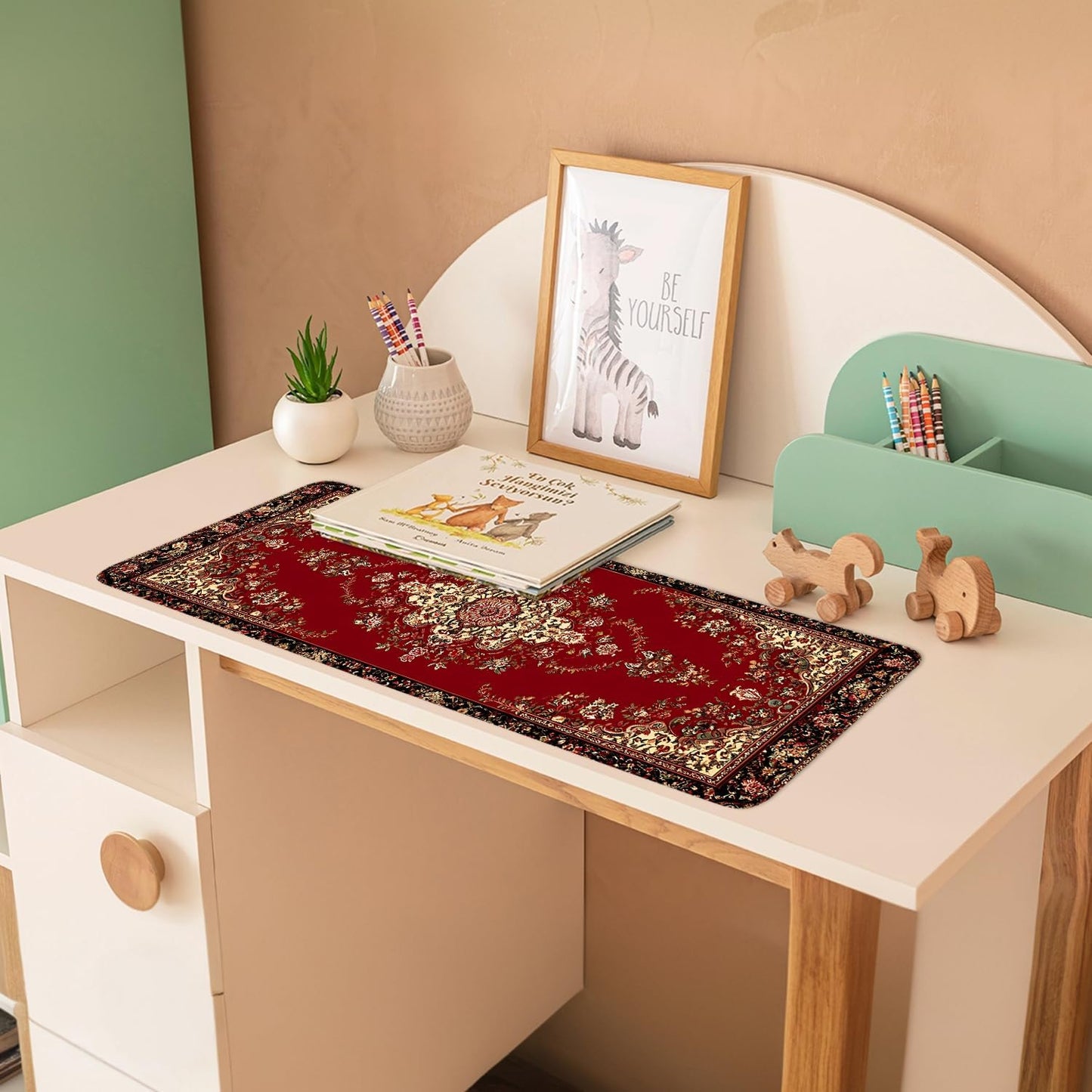 Red Vintage Persian Rug Mouse Pad – Large Extended Desk Mat 31.5 x 11.8 in– Oriental Carpet Design, Non-Slip Rubber Base, Waterproof Surface, Keyboard & Mouse Pad for Office, Gaming, Home